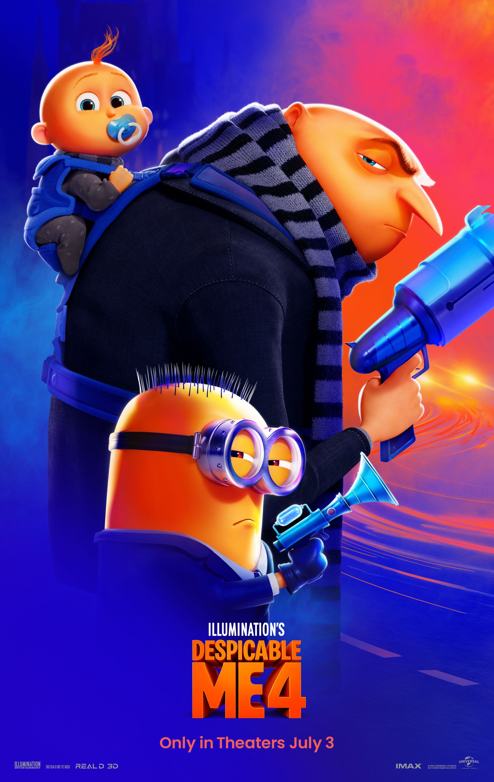 Plakat filmu Despicable Me 4 przedstawiający Gru z synem i Minonem trzymającym broń