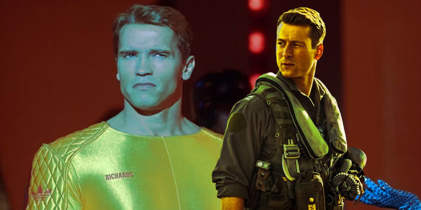 Arnold Schwarzenegger w filmie The Running Man i Glen Powell w filmie Top Gun: Maverick