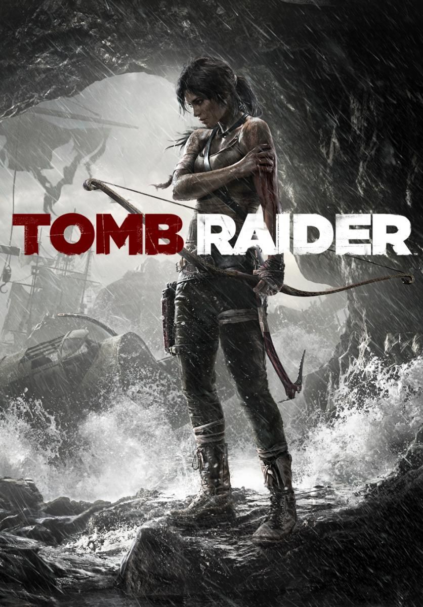 Plakat z gry Tomb Raider z 2013 r. przedstawiający Larę trzymającą łuk i wchodzącą do jaskini