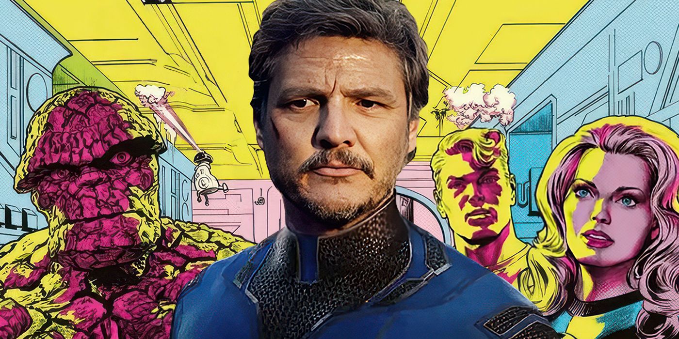 Pedro Pascal jako Reed Richards z komiksowymi członkami Fantastycznej Czwórki za nim