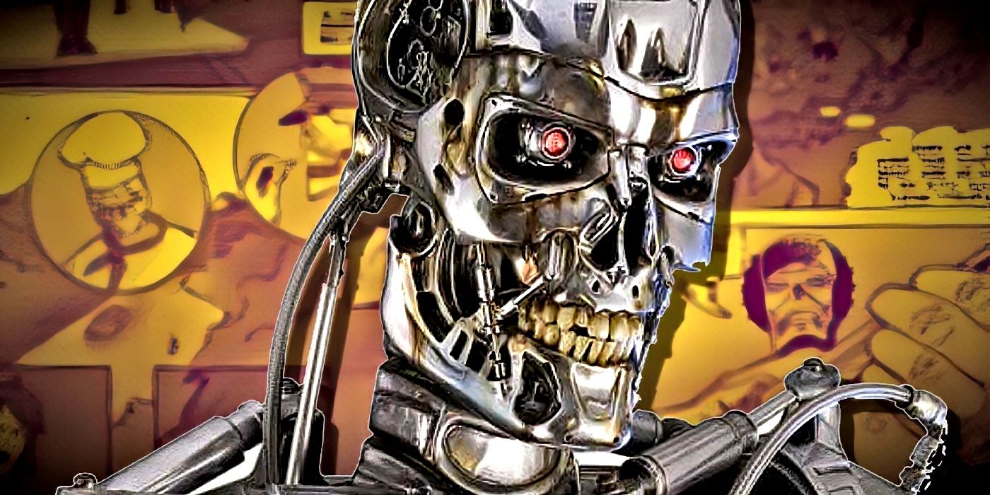 Terminator T-800 z rozmazanymi kadrami komiksowymi w tle.