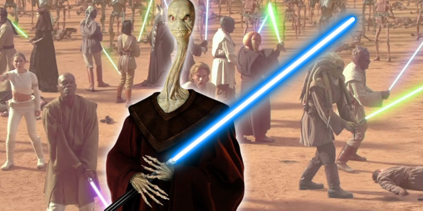 Mistrz Jedi Yarael Poof trzymający miecz świetlny, w tle Jedi z Ataku Klonów