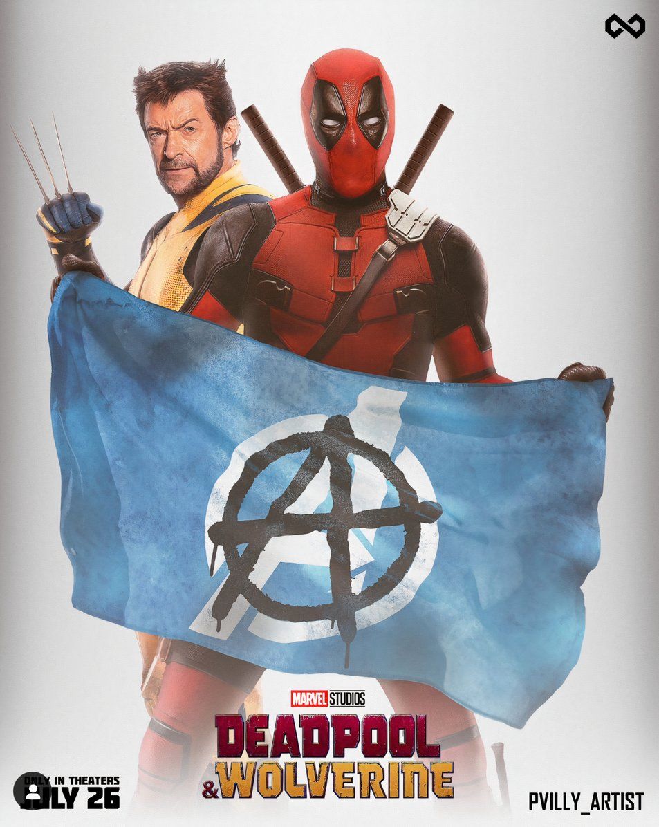 Deadpool i Wolverine z flagą Avengers na plakacie stworzonym przez fanów