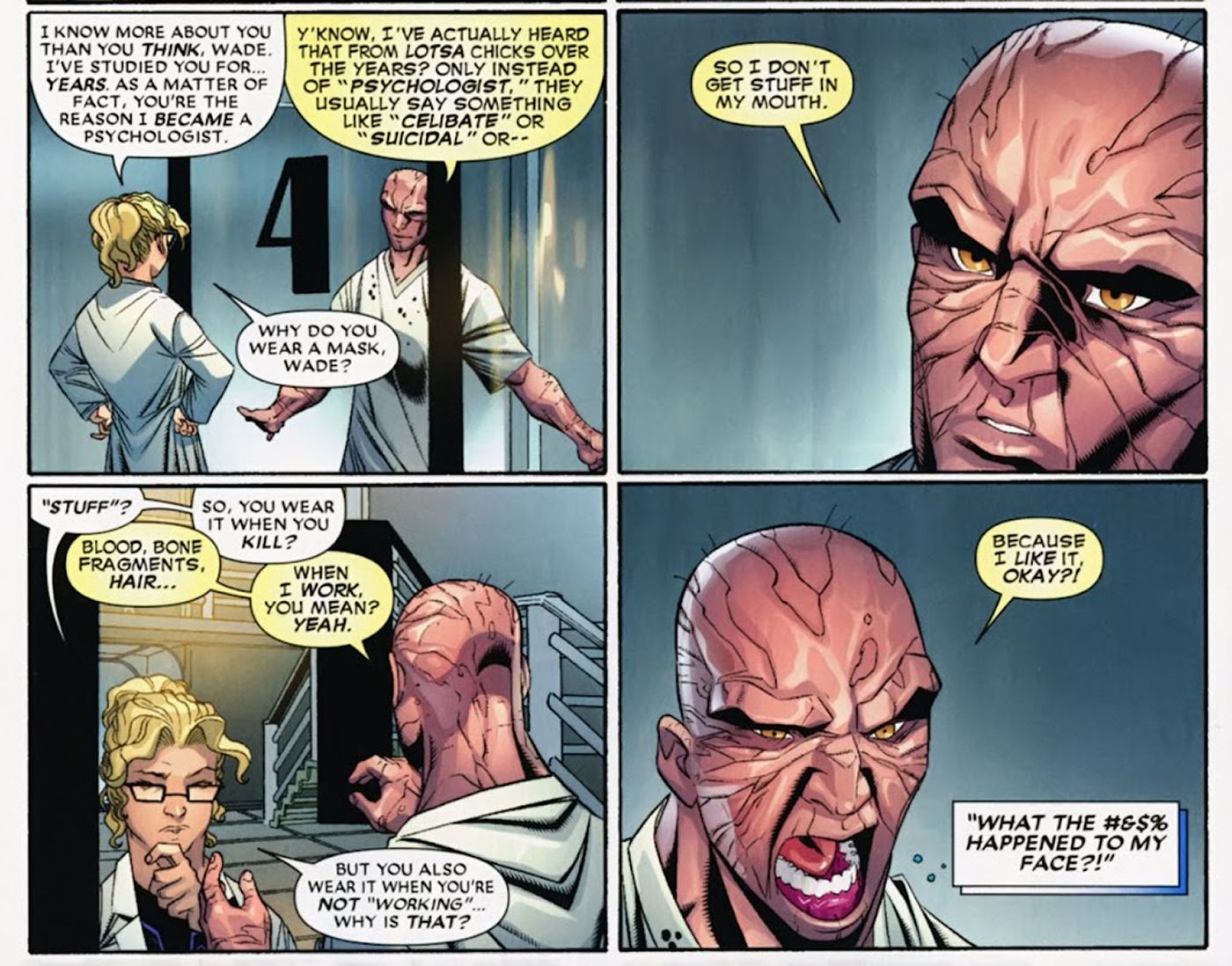 Deadpool (2008) #40 - Dr Whitby próbuje przeanalizować Deadpoola i wyznaje, że to on był powodem, dla którego została psychologiem.