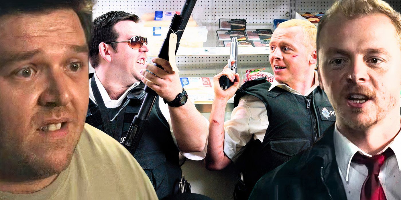 Obraz kolażowy przedstawiający Simona Pegga i Nicka Frosta w Hot Fuzz i Shaun of the Dead - stworzony przez Toma Russella