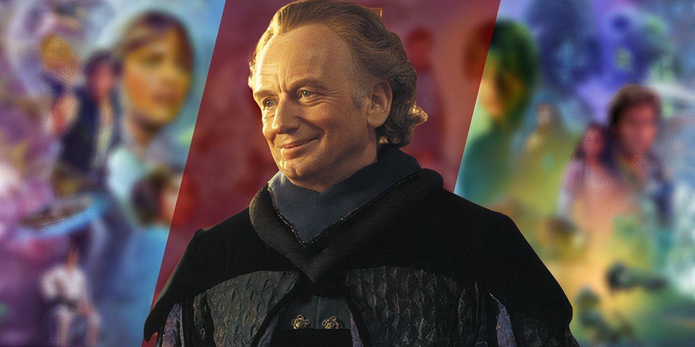 Palpatine uśmiecha się nad rozmazanym muralem z sagi Gwiezdnych Wojen