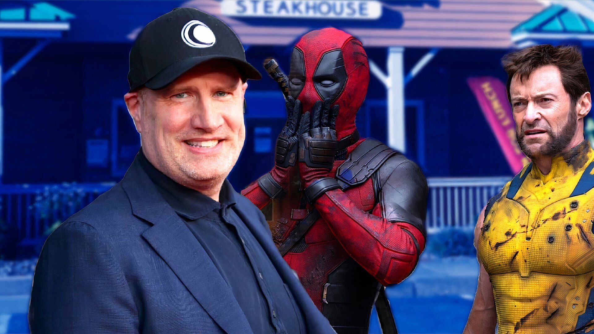 Kevin Feige z Deadpoolem i Wolverine’em przed stekownią