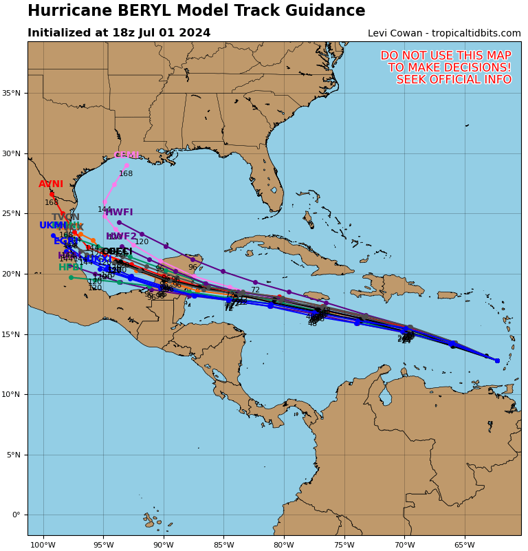 „Model spaghetti” huraganu Beryl, pokazujący różne możliwe ścieżki, którymi burza może podążać w nadchodzących dniach. Jedna ścieżka, zaznaczona na różowo, pokazuje burzę wiejącą w kierunku wybrzeża Zatoki Meksykańskiej w pobliżu Teksasu i Luizjany