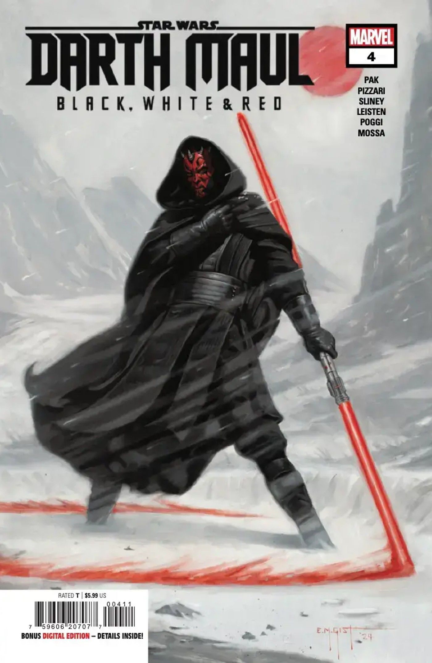 Darth Maul stoi w swojej szacie, trzymając w lewej ręce podwójny miecz świetlny, krążąc po ziemi i pozostawiając za sobą czerwony ślad. 