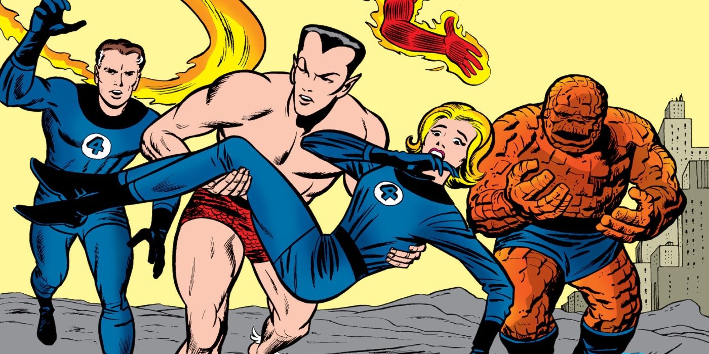 Namor ucieka z Sue Storm, podczas gdy pozostali członkowie Fantastycznej Czwórki go ścigają.