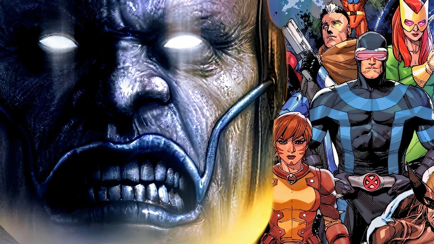 Twarz Apocalypse'a na tle stojących za nim X-Menów, w tym Cyclopsa, Jean Grey i Cable'a.