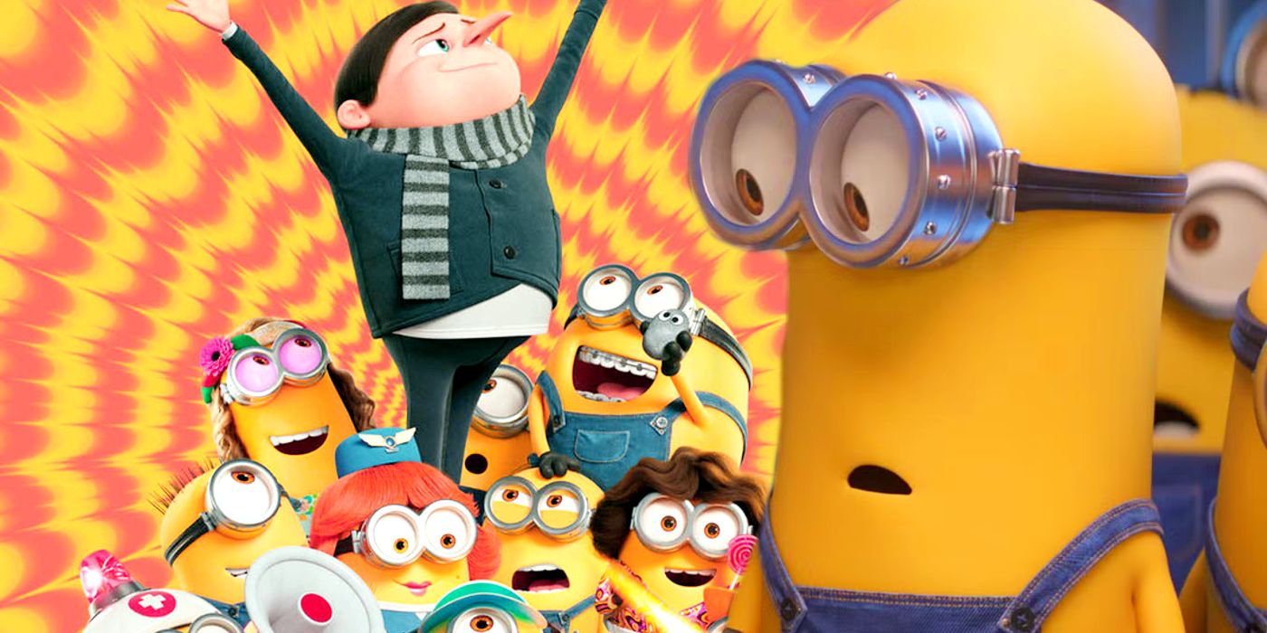 Obraz złożony przedstawiający Minionka patrzącego w szoku przed Młodym Gru stojącym na szczycie góry Minionków na tle tie-dye w Minionkach: Powstanie Gru