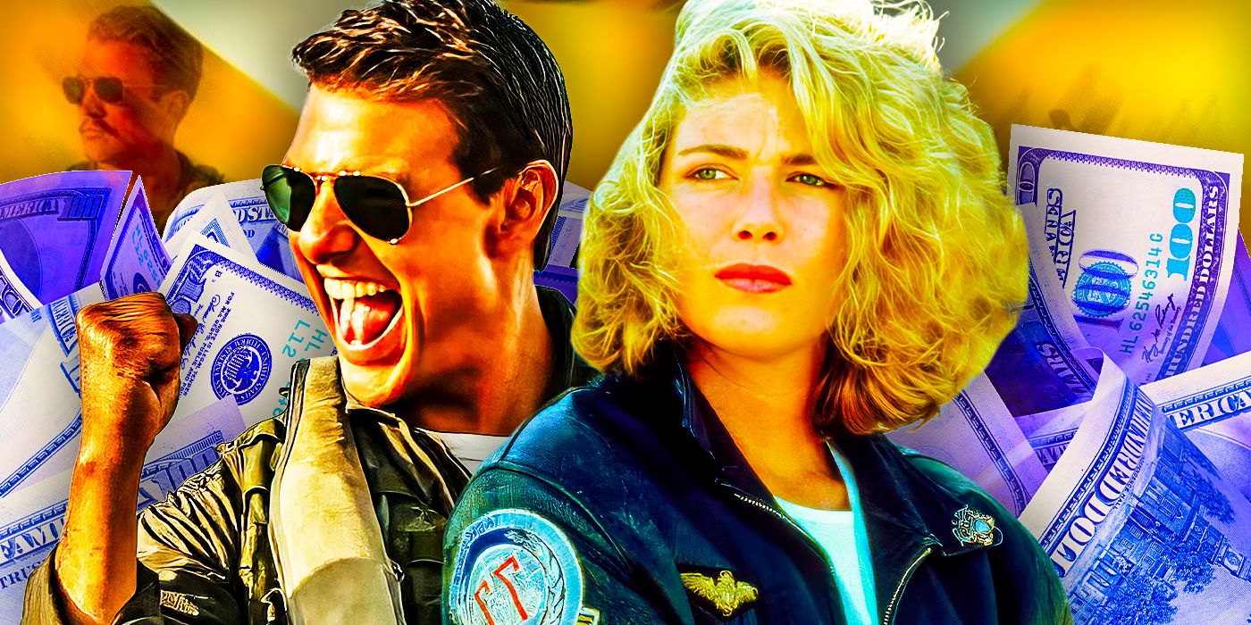 Kolaż zdjęć Toma Cruise'a jako Mavericka w filmie Top Gun Maverick i Kelly McGillis jako Charliego Blackwooda w filmie Top Gun na tle obrazu z gotówką