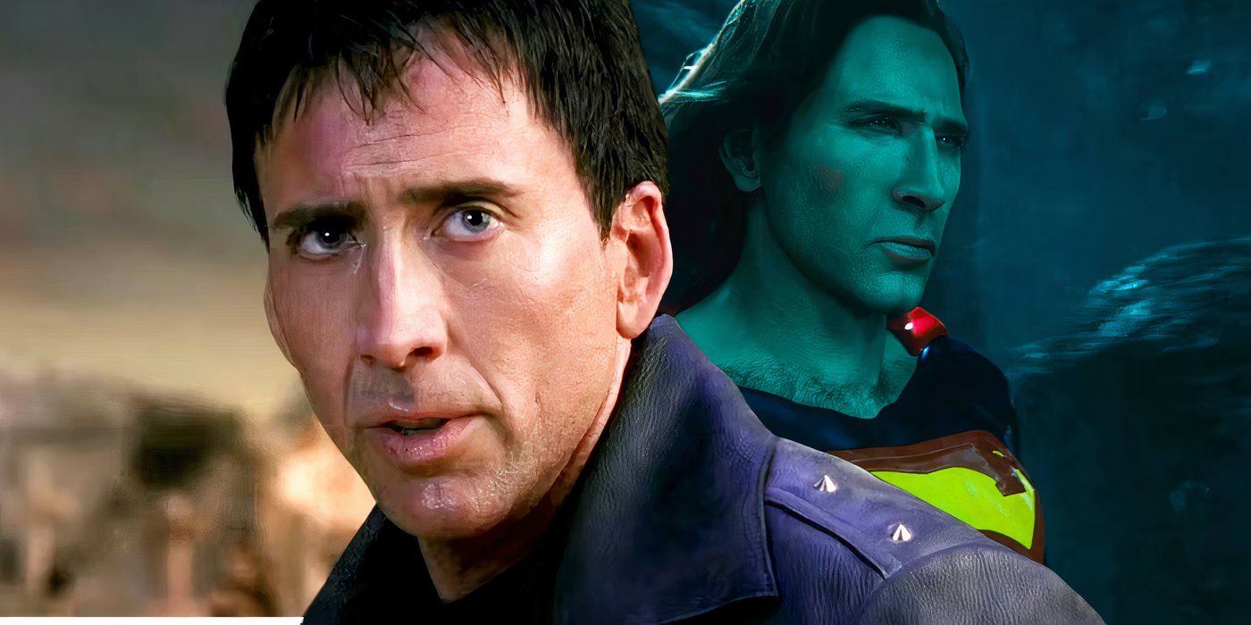 Nicolas Cage jako Ghost Rider na tle Nicolasa Cage'a jako Supermana w filmie The Flash na tle ciemnego i jasnego tła