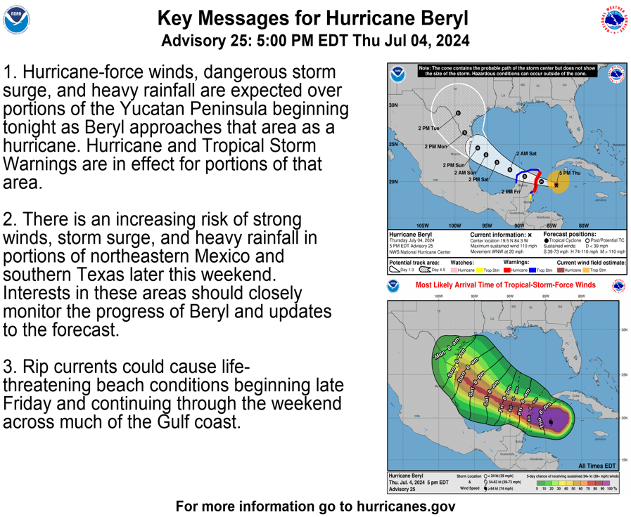 Prognoza pogody Narodowej Służby Meteorologicznej na czwartkowy wieczór dotycząca huraganu Beryl