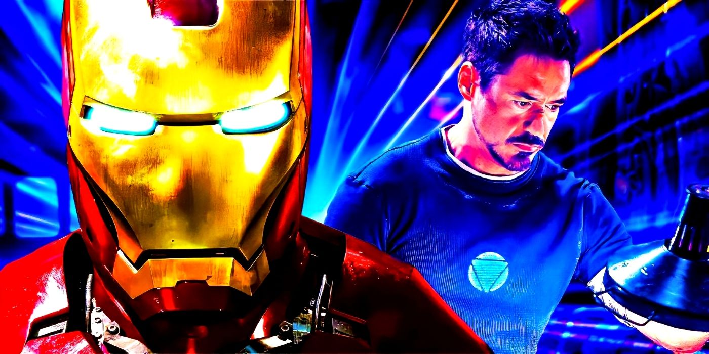 Zbroja Iron Mana z MCU z Tonym Starkiem (Robert Downey Jr.) za nią.