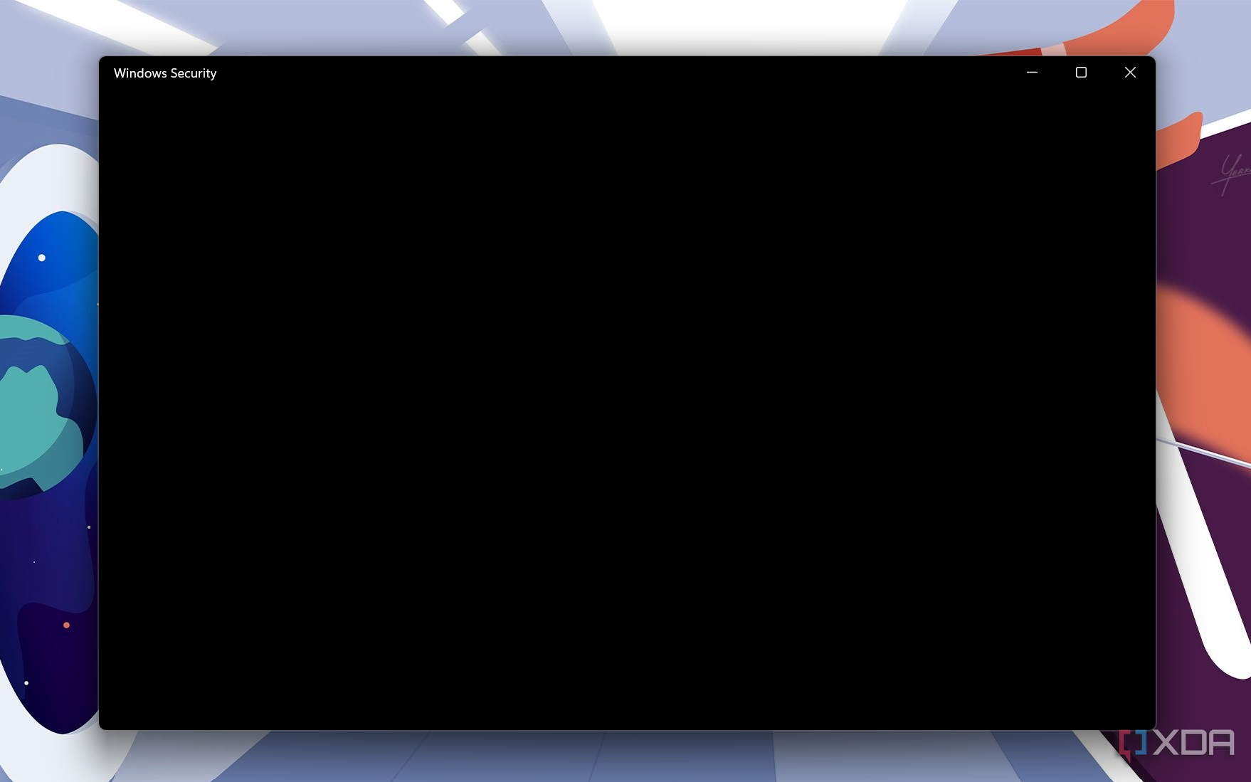 Zrzut ekranu przedstawiający aplikację Zabezpieczenia systemu Windows wyświetlającą pusty ekran