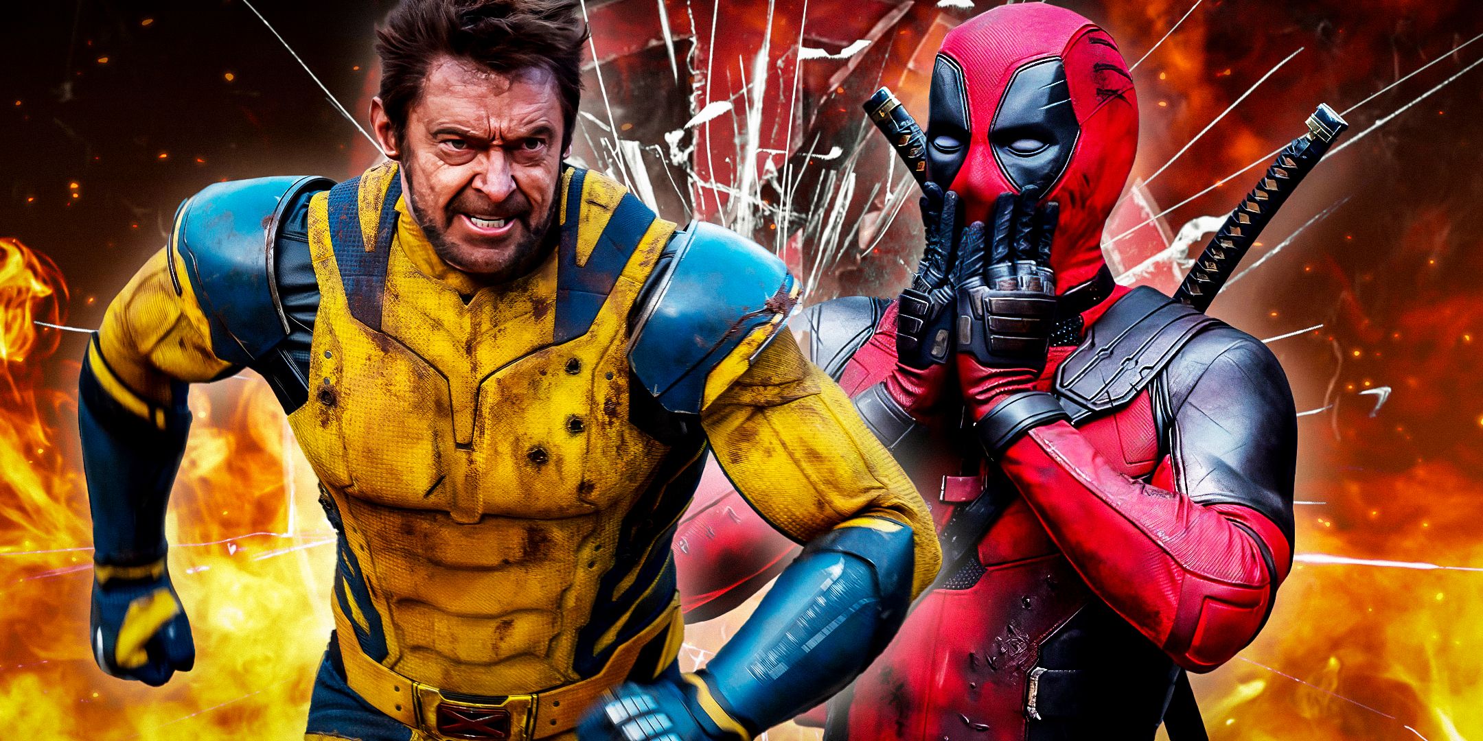 Wolverine biegnie, a Deadpool zakrywa usta w filmie Deadpool i Wolverine