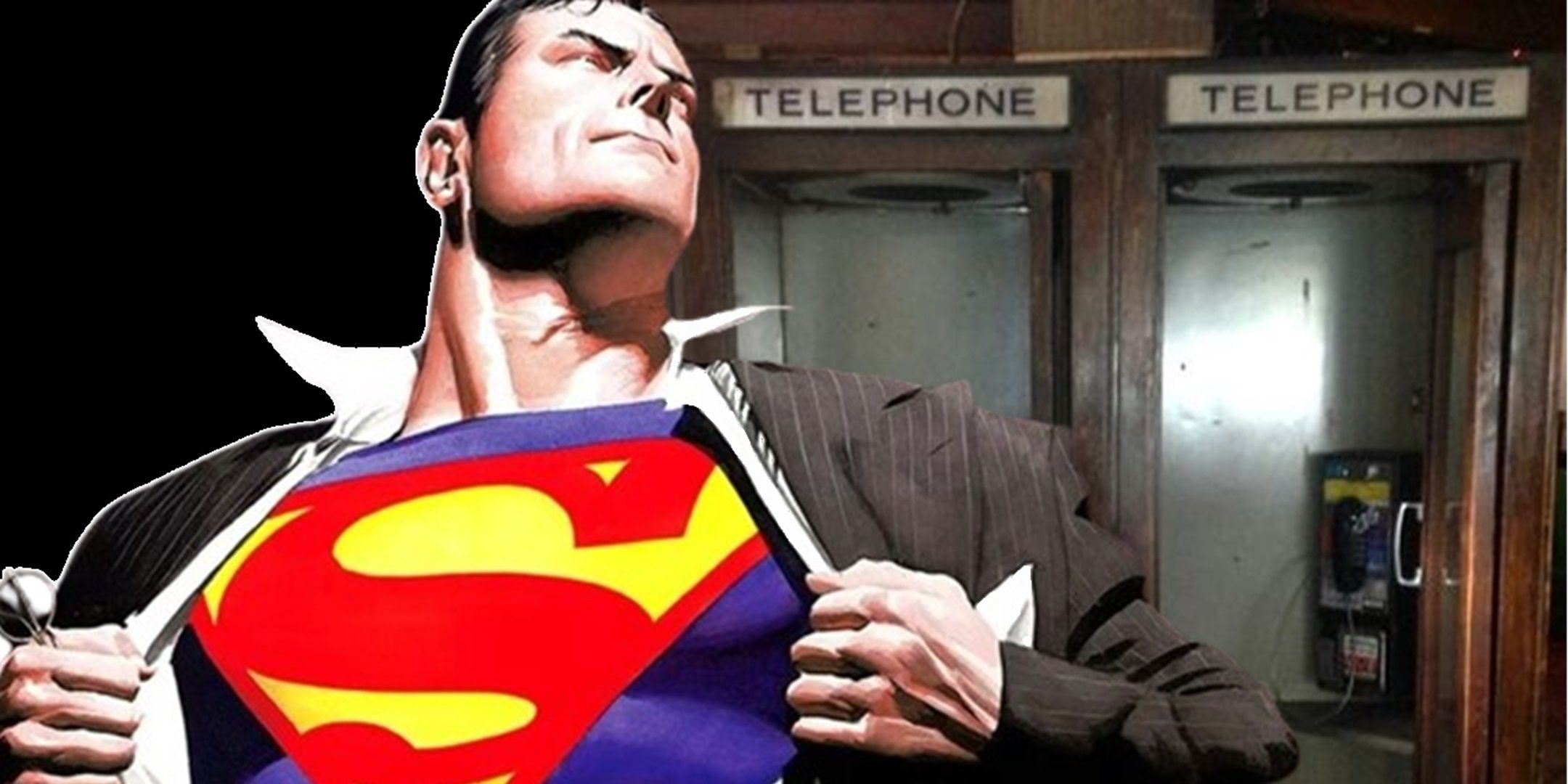 Superman przebierający się przed budką telefoniczną