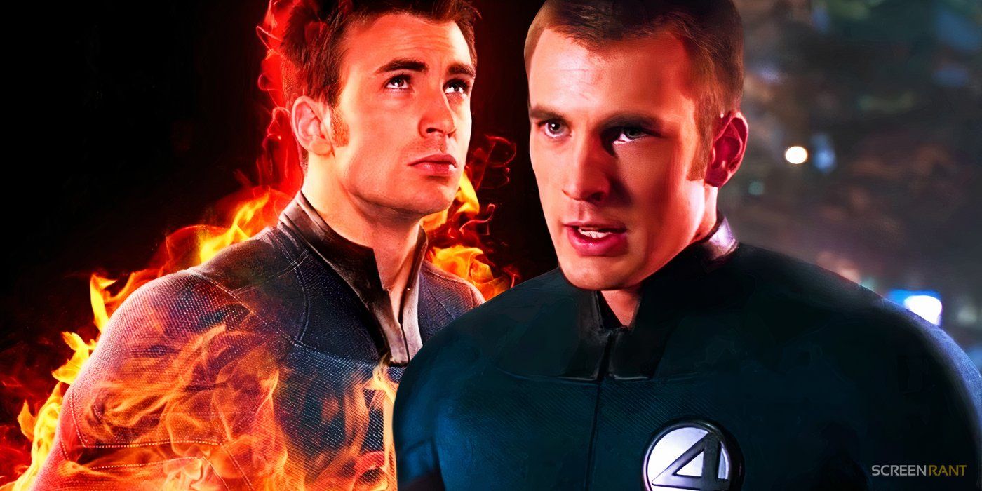 Human Torch Chrisa Evansa w ogniu i Johnny Storm wyglądający na wściekłego w filmach z serii Fantastyczna Czwórka z lat 2000.