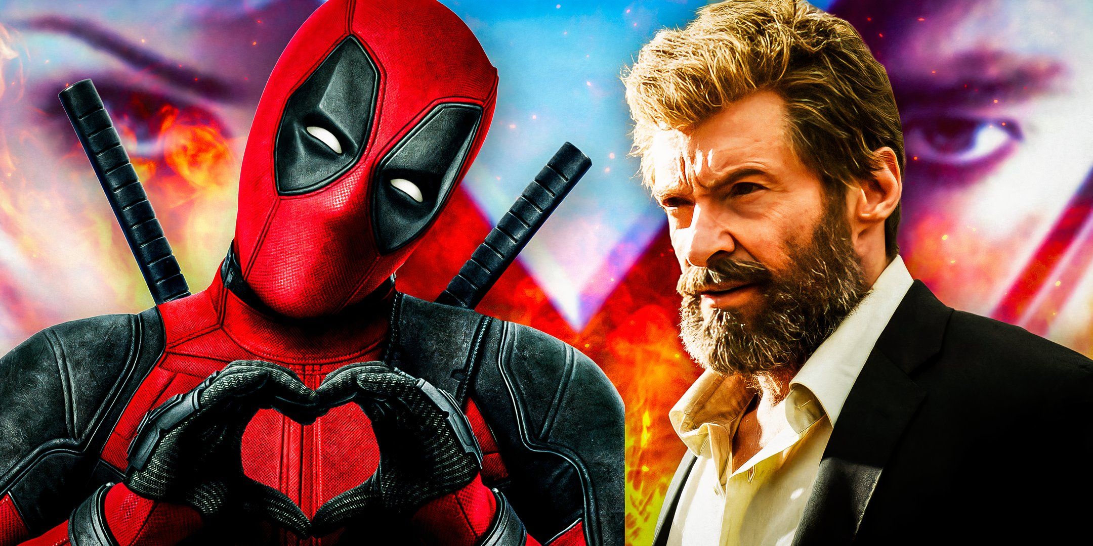 Ryan Reynolds jako Deadpool i Hugh Jackman jako Wolverine przed plakatem X2