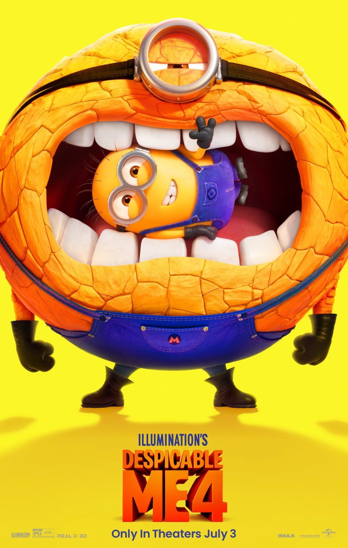 Nowy plakat promujący film Despicable Me 4 przedstawiający większego, przypominającego skałę sługę, który gryzie mniejszego sługę