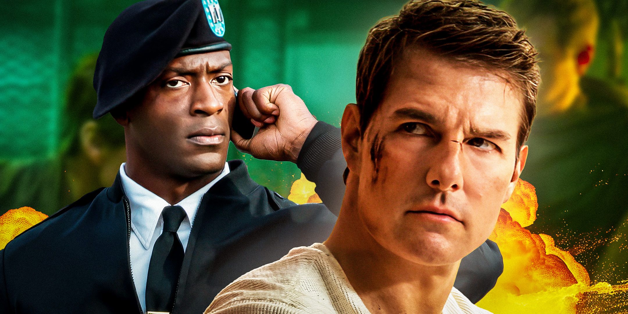 Tom Cruise jako Jack Reacher w filmie Nigdy nie wracaj, patrząc w bok przed Aldisem Hodge’em jako kapitanem Espinem