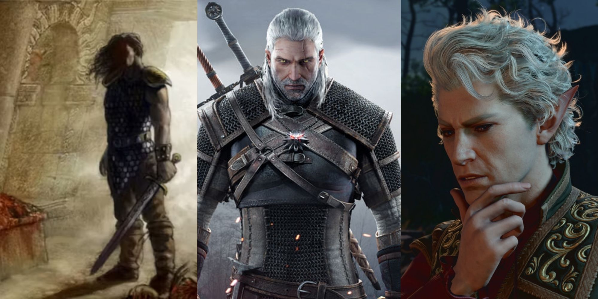 Postać z Arx Fatalis stojąca w jasnym przejściu, Geralt, jaki pojawił się w Wiedźminie 3, Astarion z Baldur's Gate 3, od lewej do prawej