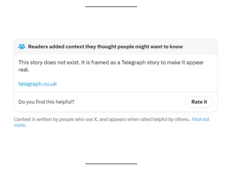 Notatka społeczności XA od X, która brzmi następująco: "Ta historia nie istnieje. Jest przedstawiona jako historia Telegraph, aby wyglądała na prawdziwą".