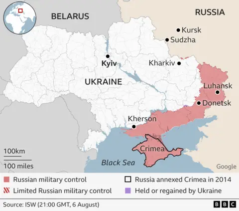 Mapa przedstawiająca Ukrainę i Rosję, z zaznaczonym Kurskiem.