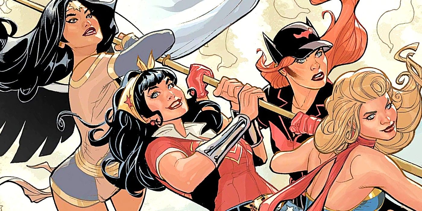 Sztuka komiksowa: DC Bombshells trzymające drążek. Obejmuje Wonder Woman, Batwoman i Supergirl.