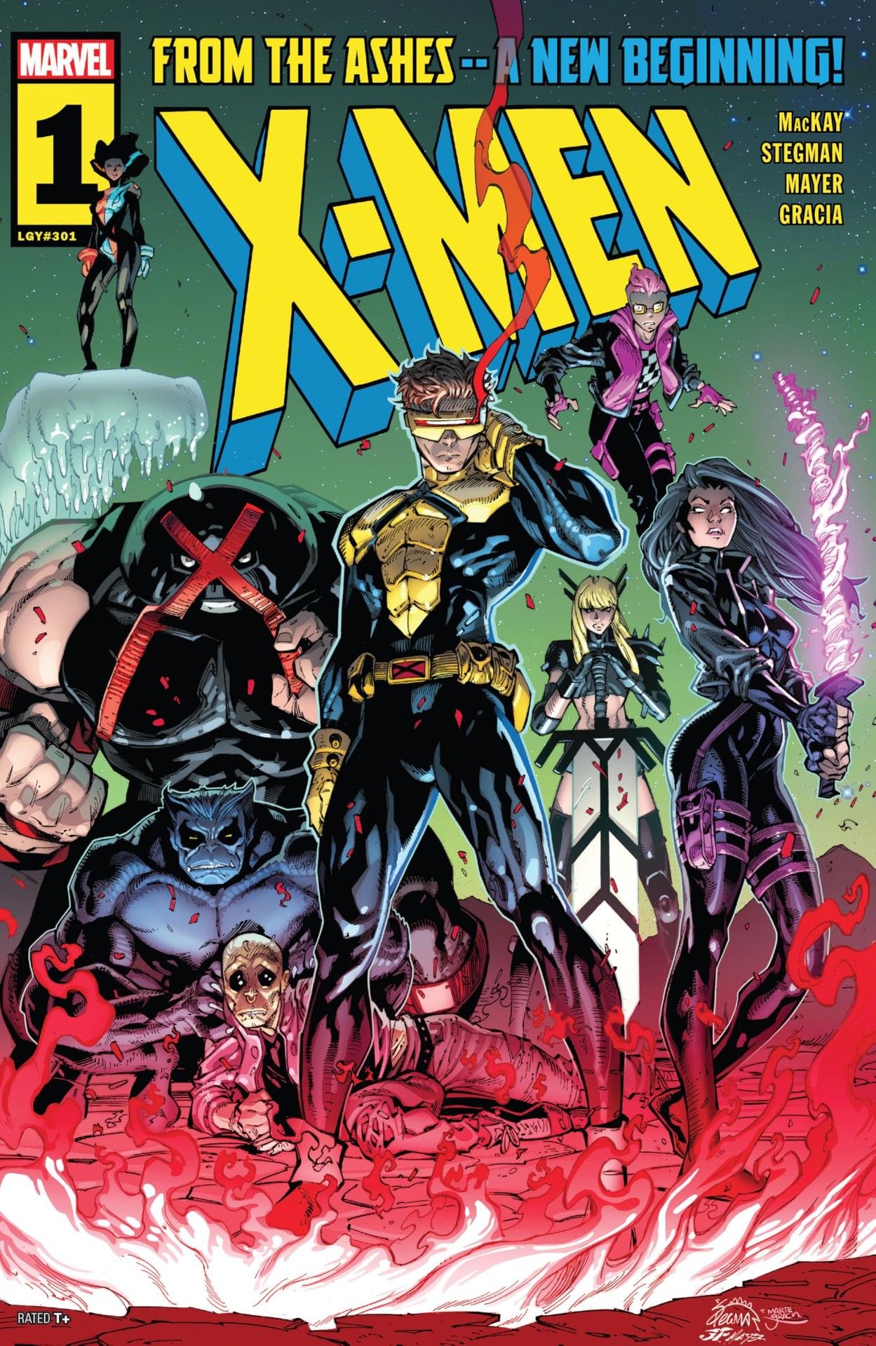 Cyclops, Psylock, Juggernaut, Magik i Kid Omega występują razem jako X-Men. 