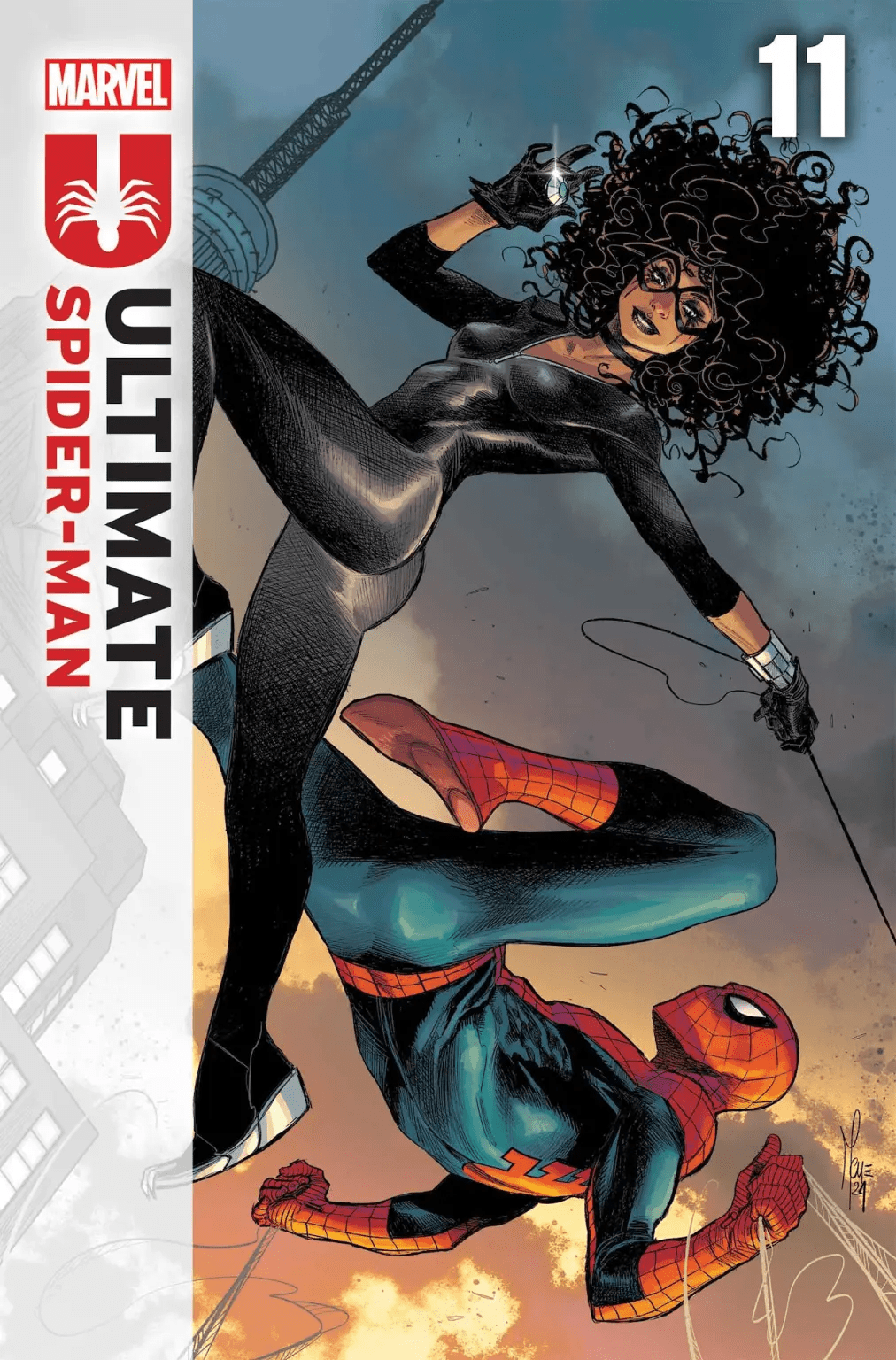 Spider-Man goni Black Cat na okładce komiksu Ultimate Spider-Man Vol. 3 #11 (2024) autorstwa Marco Checcheto, wydawnictwo Marvel Comics