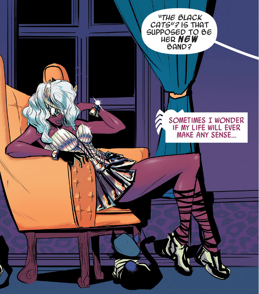 Czarna Kotka przygotowuje się do ruchu w Spider-Gwen Vol. 1 #5 "Most Wanted? Część Piąta" (2015), Marvel Comics. Tekst: Jason Latour, rysunki: Robbi Rodriguez, Rico Renzi i Clayton Cowles.