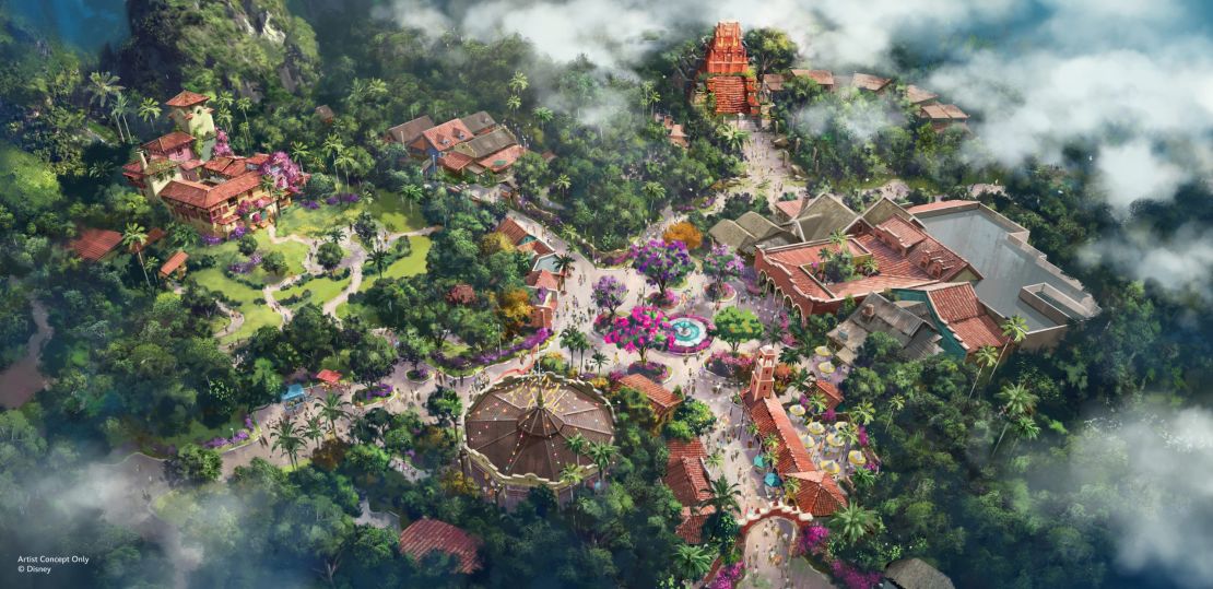 Koncepcja artystyczna dla Pueblo Esperanza w Disney's Animal Kingdom Theme Park. Nowa przestrzeń będzie zawierać nowe atrakcje skupione wokół Disney's Encanto i franczyzy Indiana Jones.