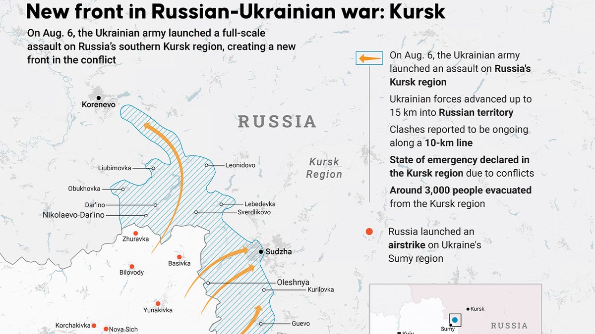 Infografika zatytułowana "Nowy front w wojnie rosyjsko-ukraińskiej: Kursk" utworzony w Ankarze, Turcja, 8 sierpnia 2024 r. 6 sierpnia ukraińska armia rozpoczęła pełnowymiarowy atak na południowy obwód kurski Rosji, tworząc nowy front w konflikcie.