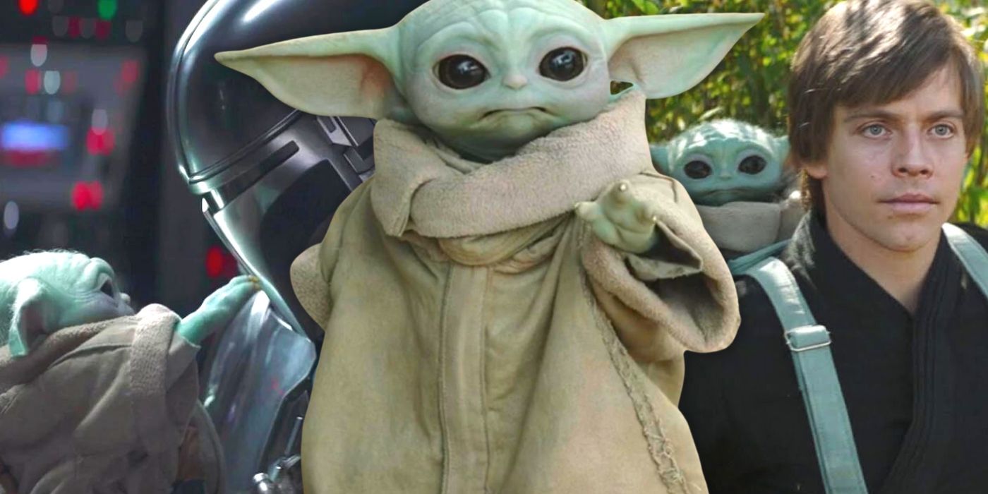 Grogu, znany również jako Baby Yoda z The Mandalorian, z Mando po lewej i Lukiem Skywalkerem po prawej, rozdzieleni ujęciem stojącego Baby Yody. 