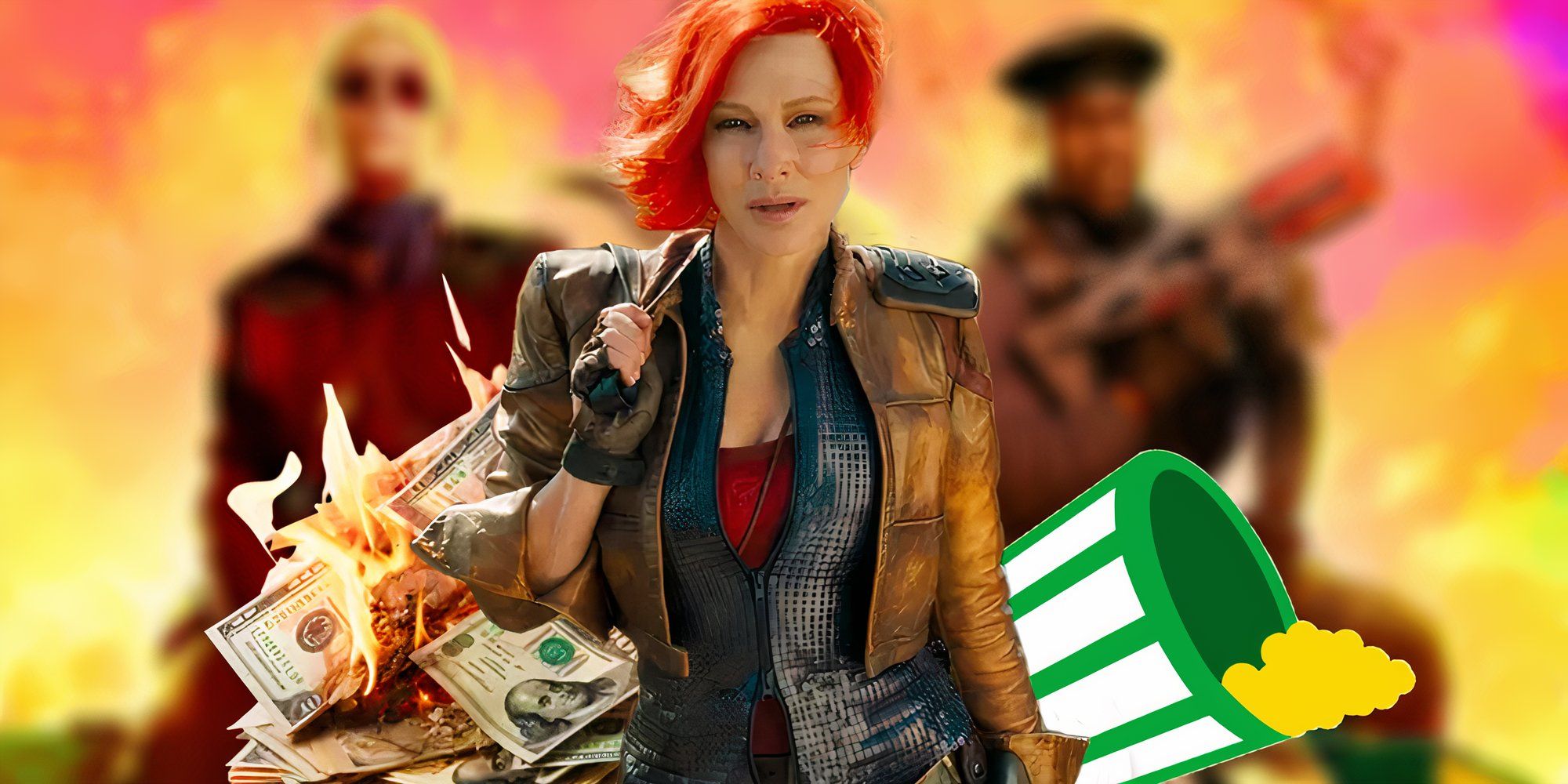 Cate Blanchett jako Lilith w filmie Borderlands (2024) na tle rozmazanego plakatu filmu, płonącego stosu pieniędzy i zgniłego logo publiczności z Rotten Tomatoes