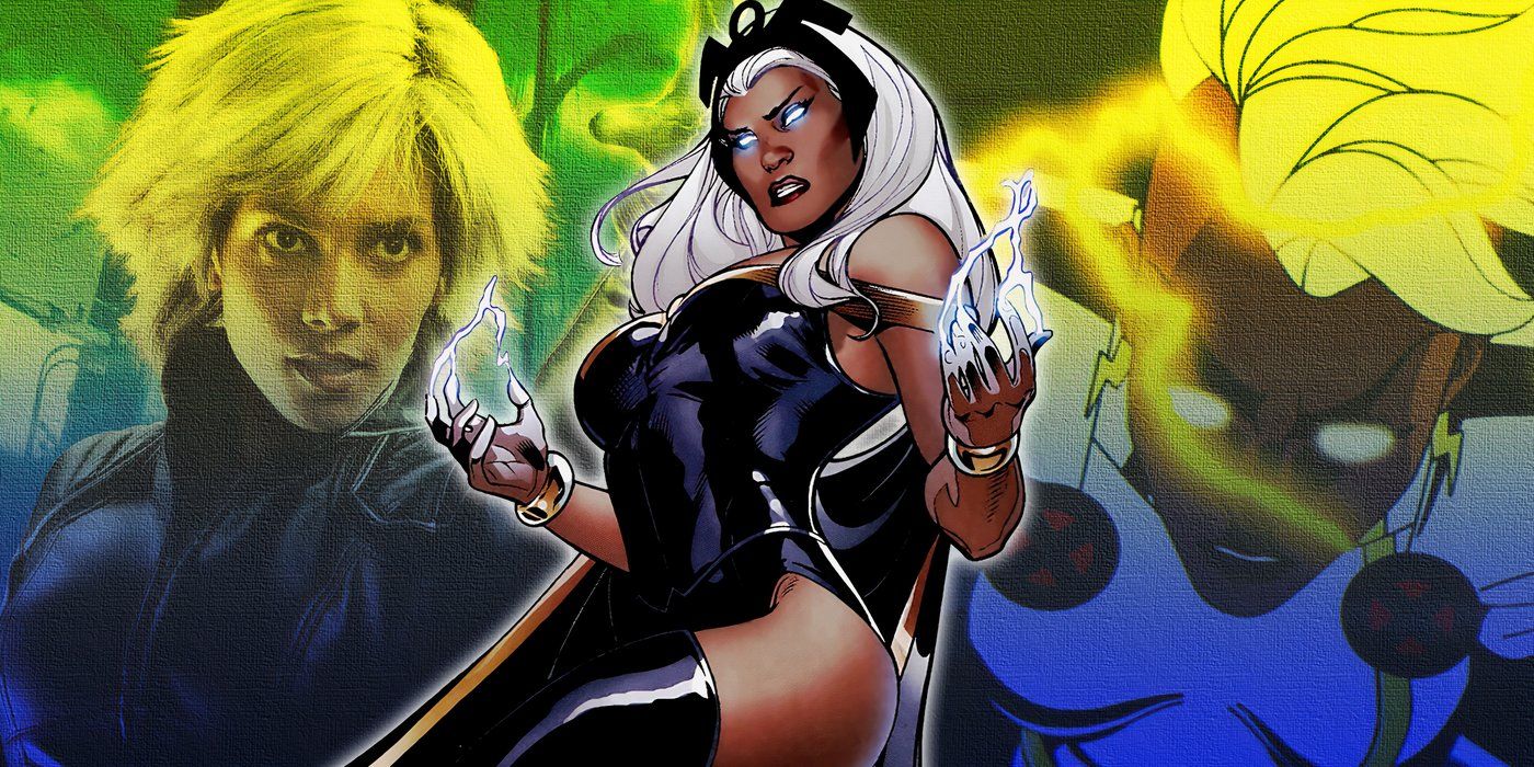 Storm z X-Men z jej odpowiednikami w wersji live-action i animowanej w tle