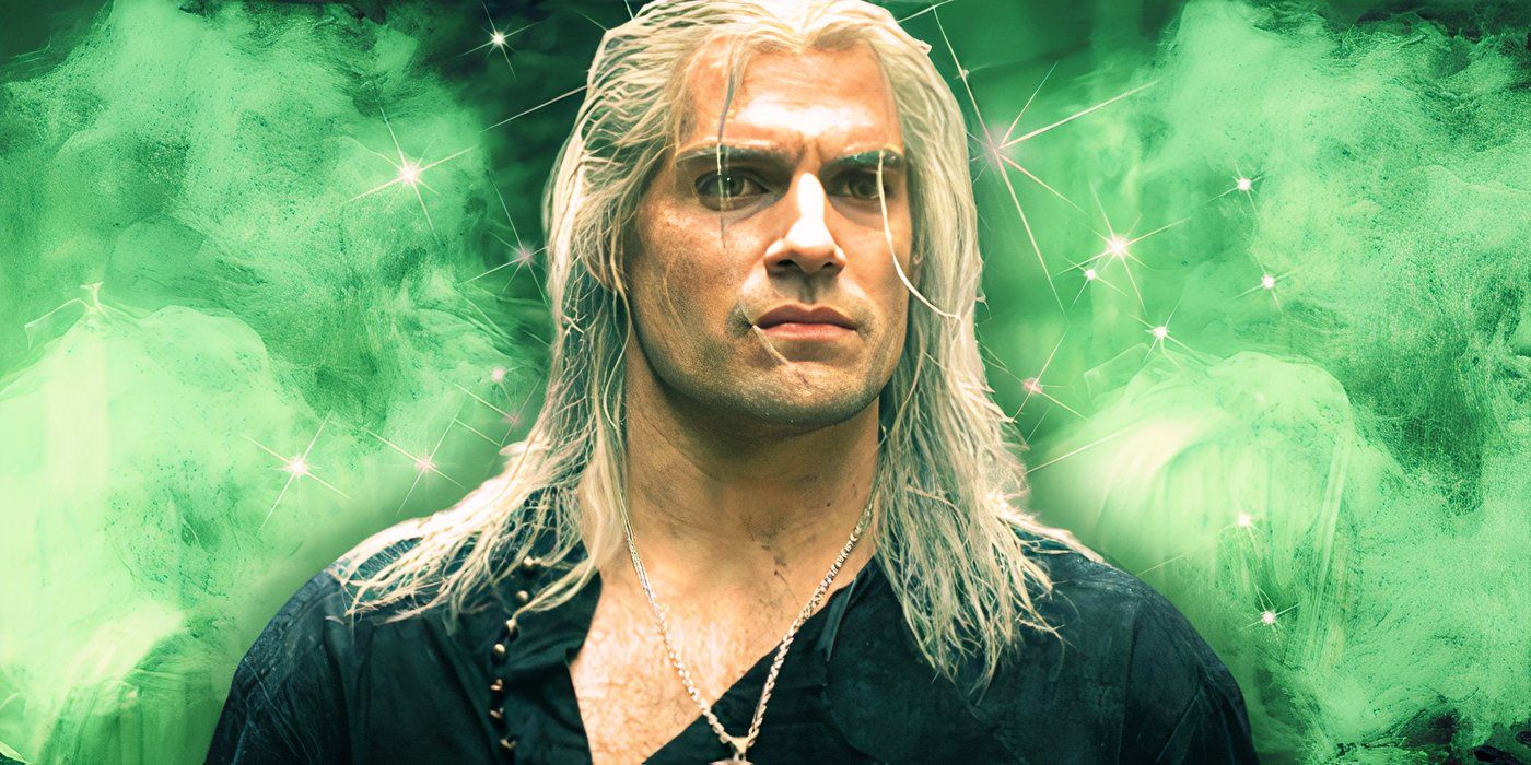 Henry Cavill jako Geralt z Rivii w serialu Wiedźmin (2019-) na zielonym, dymnym tle