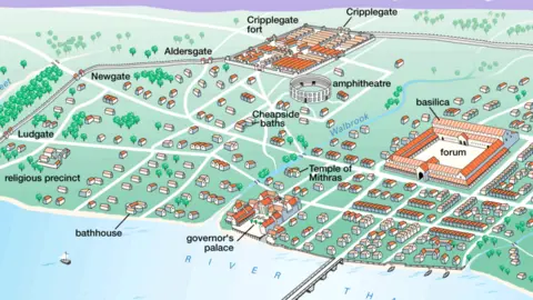 Encyclopaedia Britannica, Inc., 2004 Mapa przedstawiająca Londinium w czasach rzymskich. Jest tam fort, forum, mur, świątynie i Tamiza z mostem nad nią