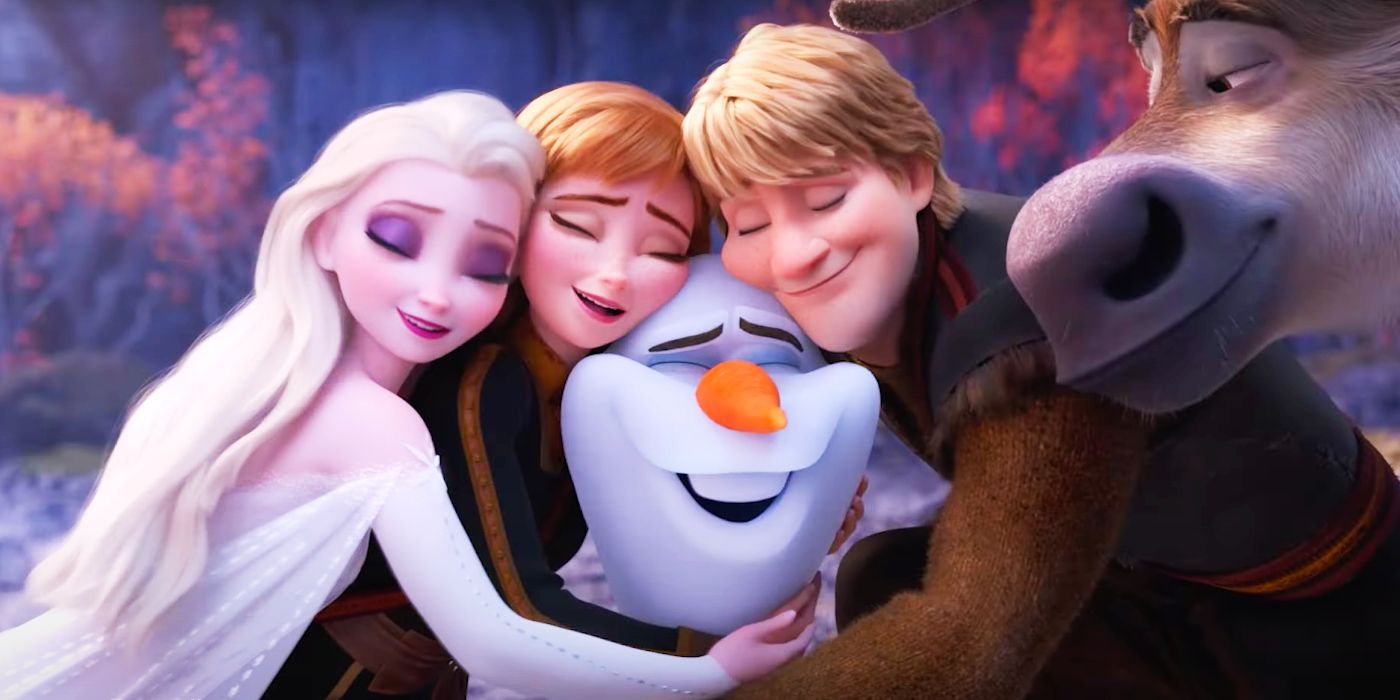 Elsa, Anna, Kristoff i Sven obejmują Olafa w Krainie Lodu 2.