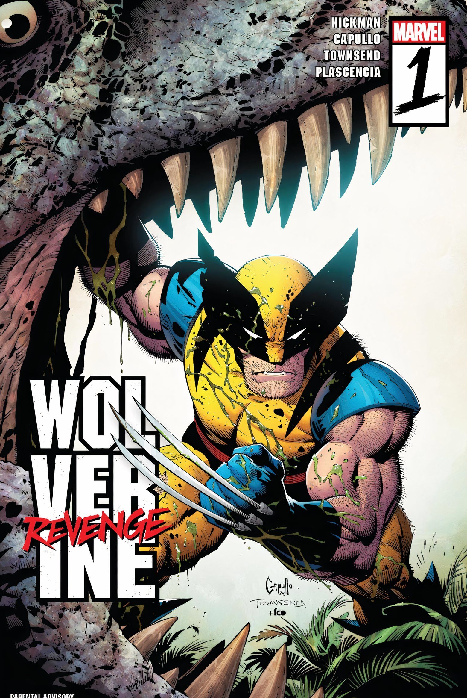 Wolverine Revenge #1, Wolverine wbija pazury między szczęki dinozaura. 