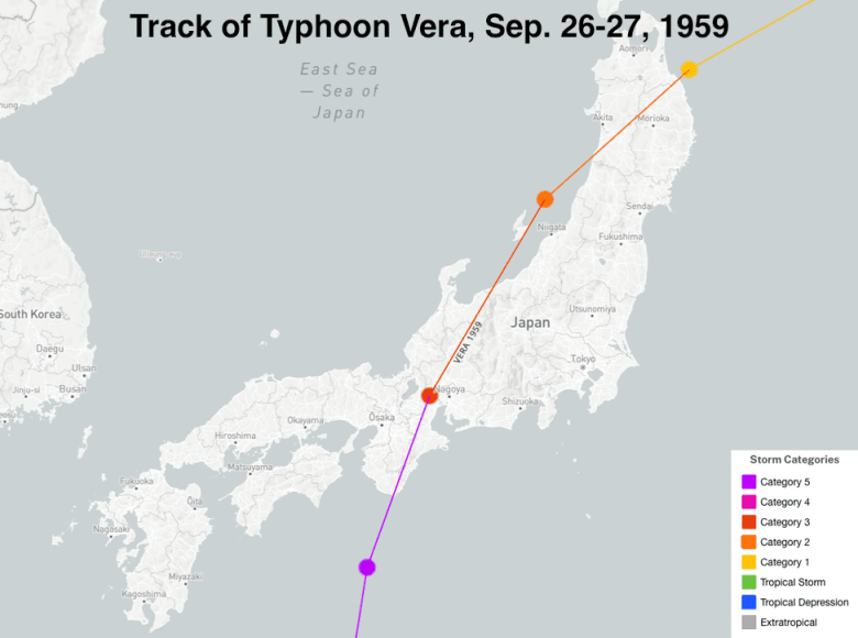 Mapa pokazująca trasę tajfunu Vera, 26-27 września 1959 r.