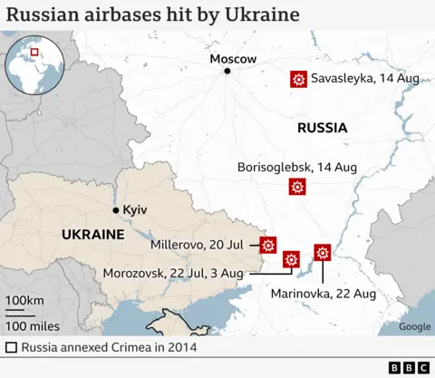 Mapa rosyjskich baz lotniczych zaatakowanych przez Ukrainę.