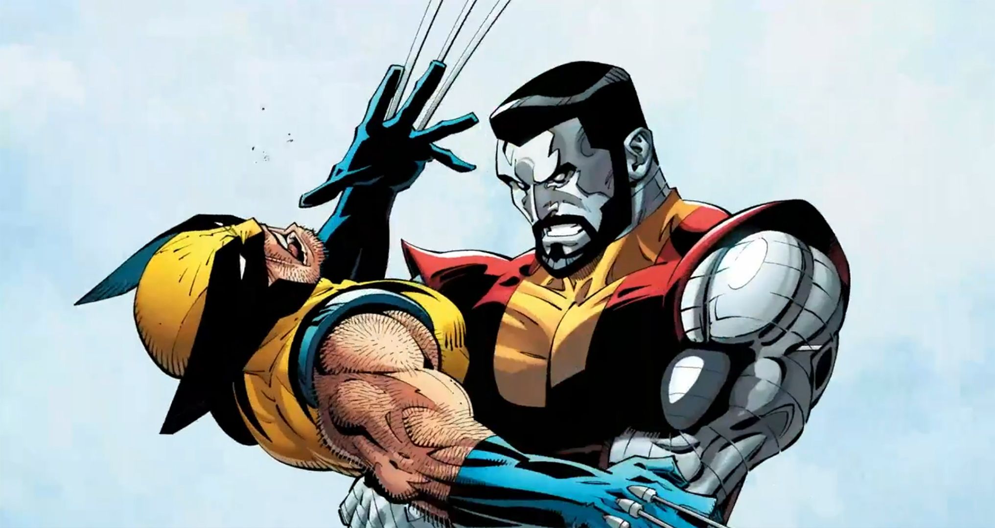 Colossus ściska boleśnie Wolverine'a w swoich ramionach, z Wolverine: Zemsta.