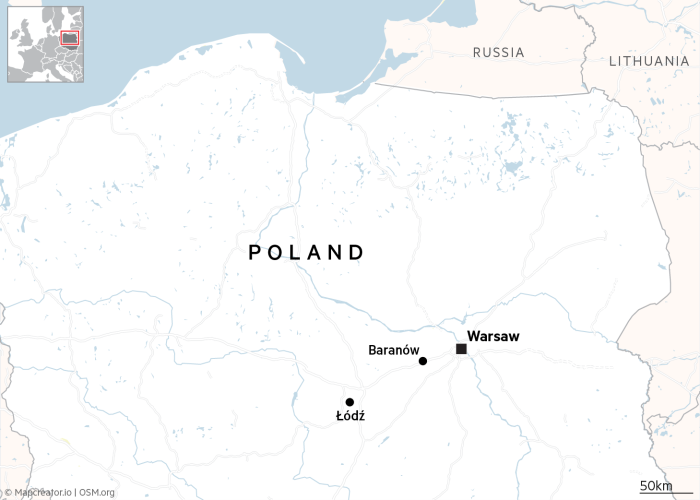 Mapa pokazująca położenie Baranowa i Łodzi w stosunku do Warszawy w Polsce