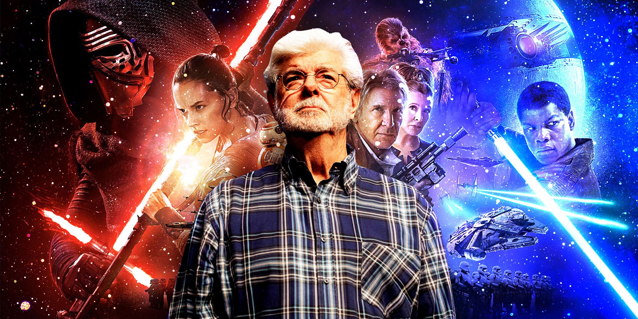 George Lucas przed zdjęciami z plakatów z trylogii sequeli