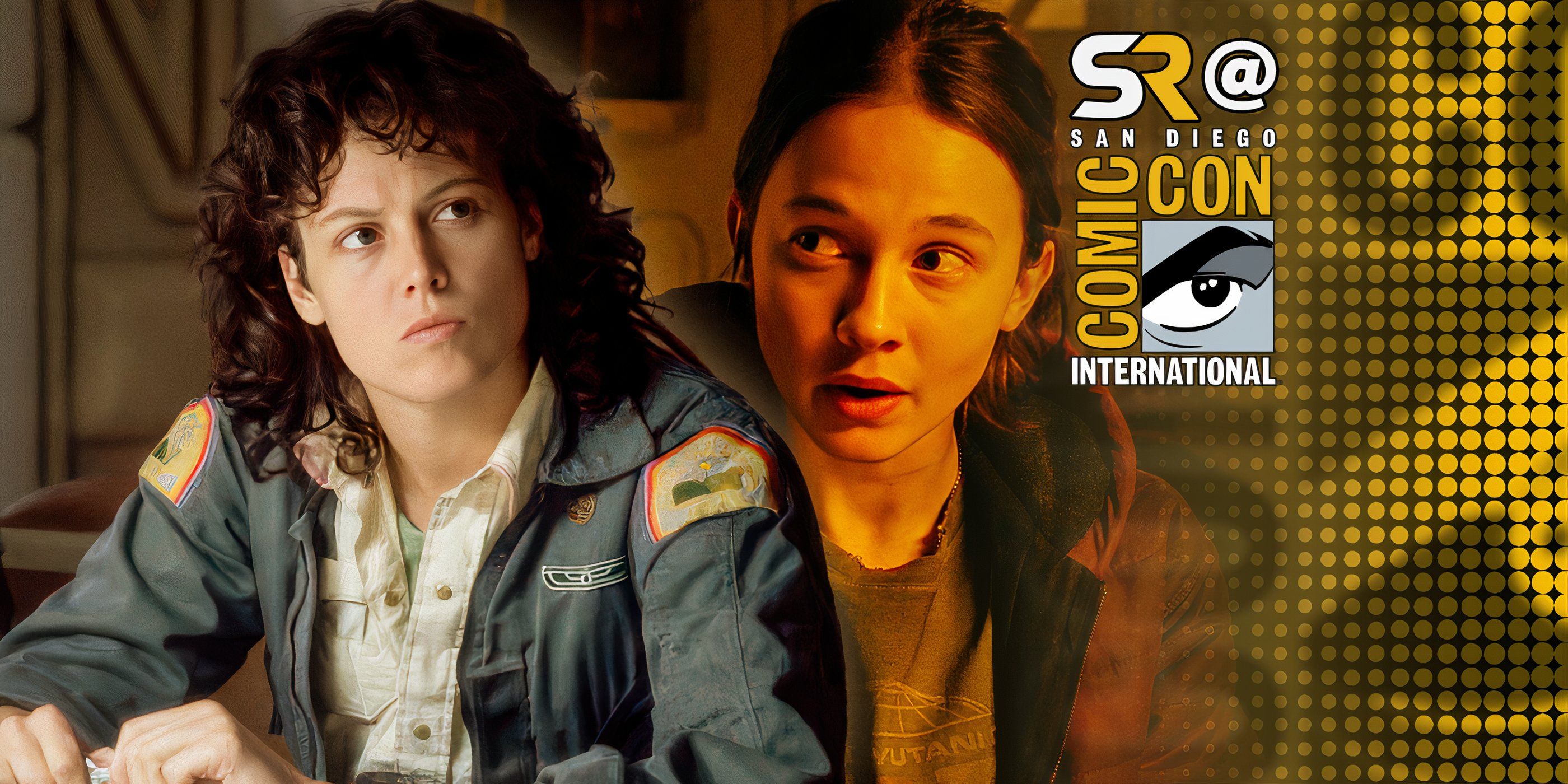 Sigourney Weaver jako Ripley w filmie „Obcy” i Cailee Spaeny jako Rain w filmie „Obcy: Romulus” z nakładką SDCC