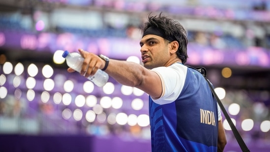 Neeraj Chopra z Indii podczas kwalifikacji do rzutu oszczepem mężczyzn na Letnich Igrzyskach Olimpijskich 2024 (PTI)